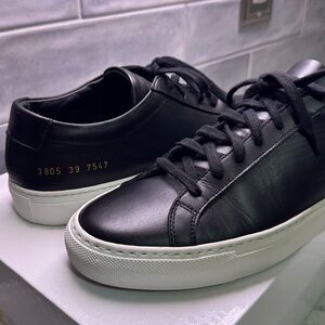Woman by Common Projects Black Leather Sneakers Low Achilles EUC